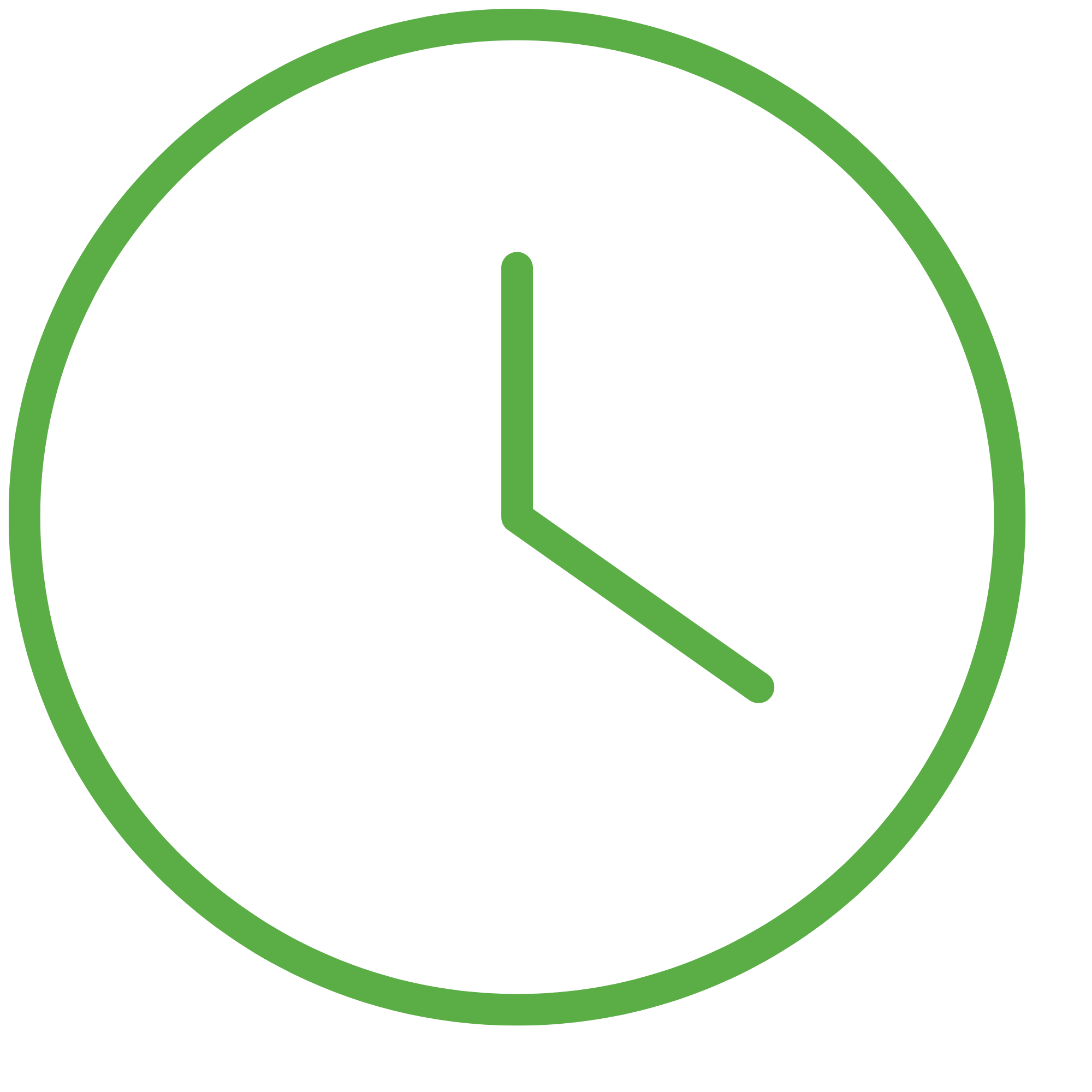 Green clock with black face and white hands showing approximately 12:00.