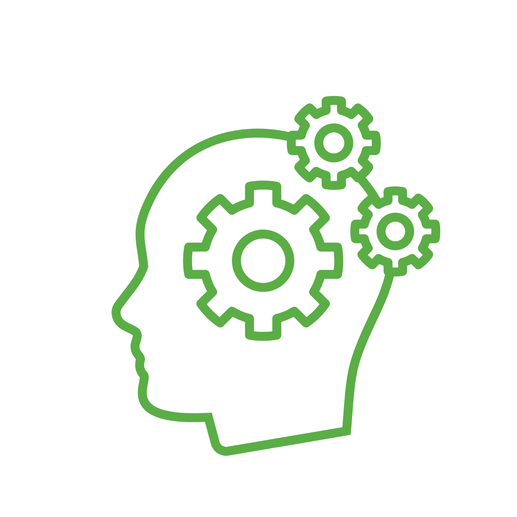 Outline of a human head with green gears inside, symbolizing thinking or process.