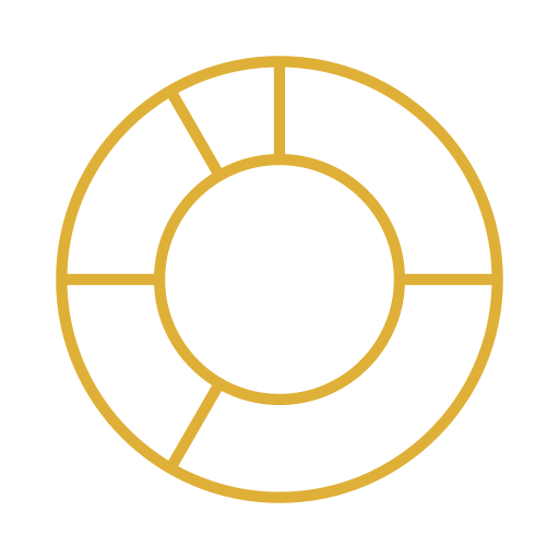 A circular gold chart with six segments and a central circle.
