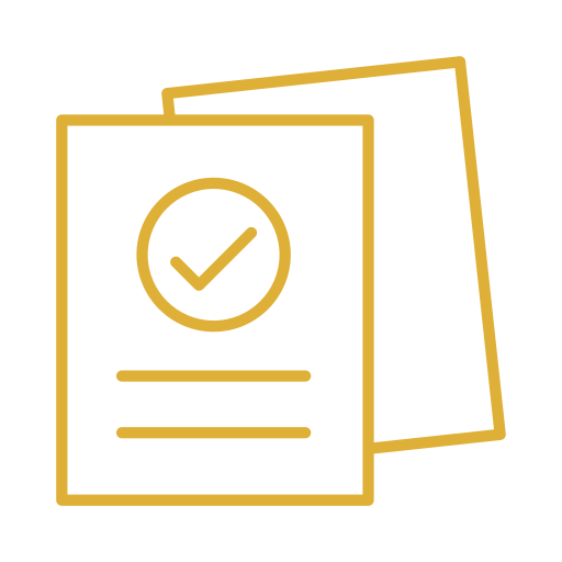 Icons of two documents, one with a checkmark inside a circle, suggesting approval or verification.