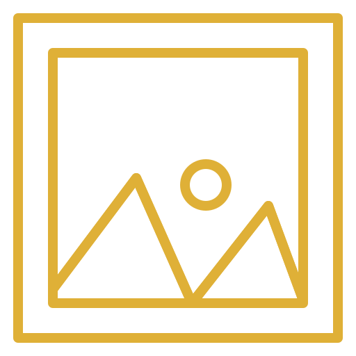 Stylized icon of mountains with a setting or rising sun, enclosed in a gold-bordered square.