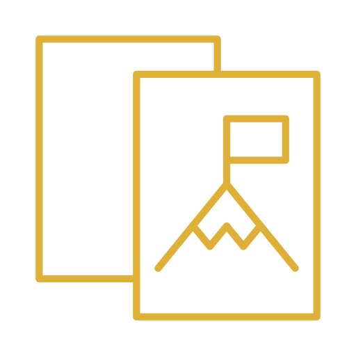 Illustration of a photograph with a mountain, flag, and a sun or moon.