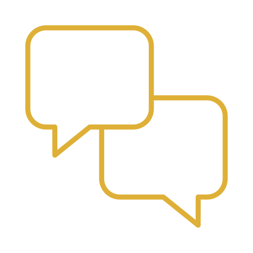 Two overlapping speech bubbles outlined in gold. One bubble has small dots indicating speech, and the other is plain.