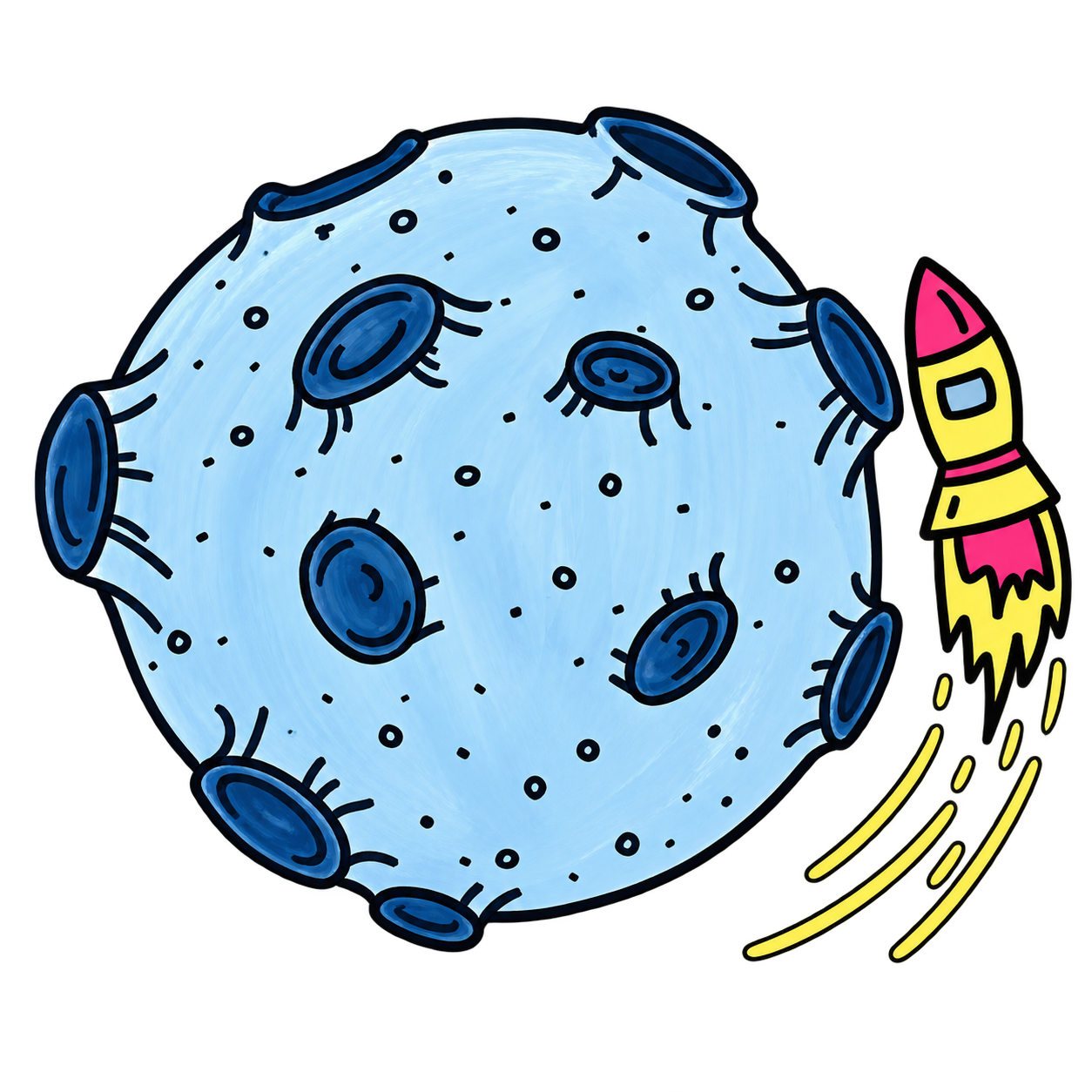 Ein Cartoon-illustration eines Asteroiden im Weltraum mit einem Raketenantrieb, der nach rechts im All fliegt.