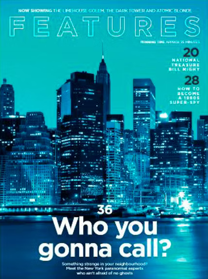 Virgin Atlantic Magazine cover titled 'Features' with a blue-toned city skyline background. Text mentions topics like the Lebeau Golem, Dark Tower, Atomic Blonde, National Treasure, and how to become a spy, with headlines and page numbers.