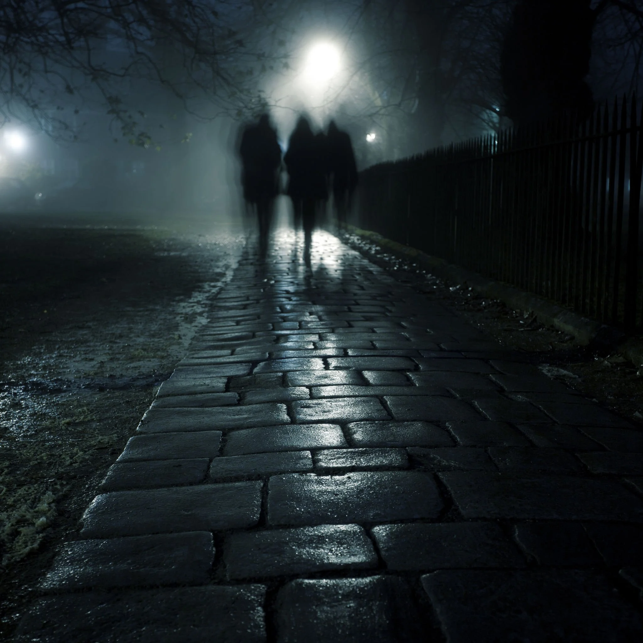 Three silhouettes of people walking on wet cobblestone path at night, illuminated by bright streetlights, surrounded by trees and a fence.