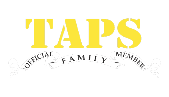 Logo with the word TAPS in large yellow letters above a white ribbon banner that reads 'Official Family Member'.
