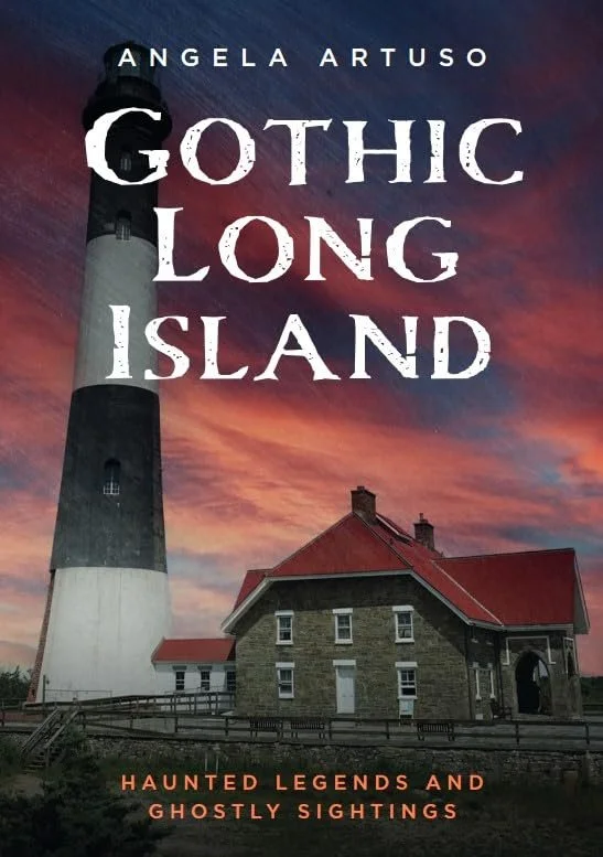 Book cover titled "Gothic Long Island" by Angela Artuso, featuring a lighthouse and a historic house against a colorful, dramatic sunset sky with the subtitle "Haunted Legends and Ghostly Sightings."