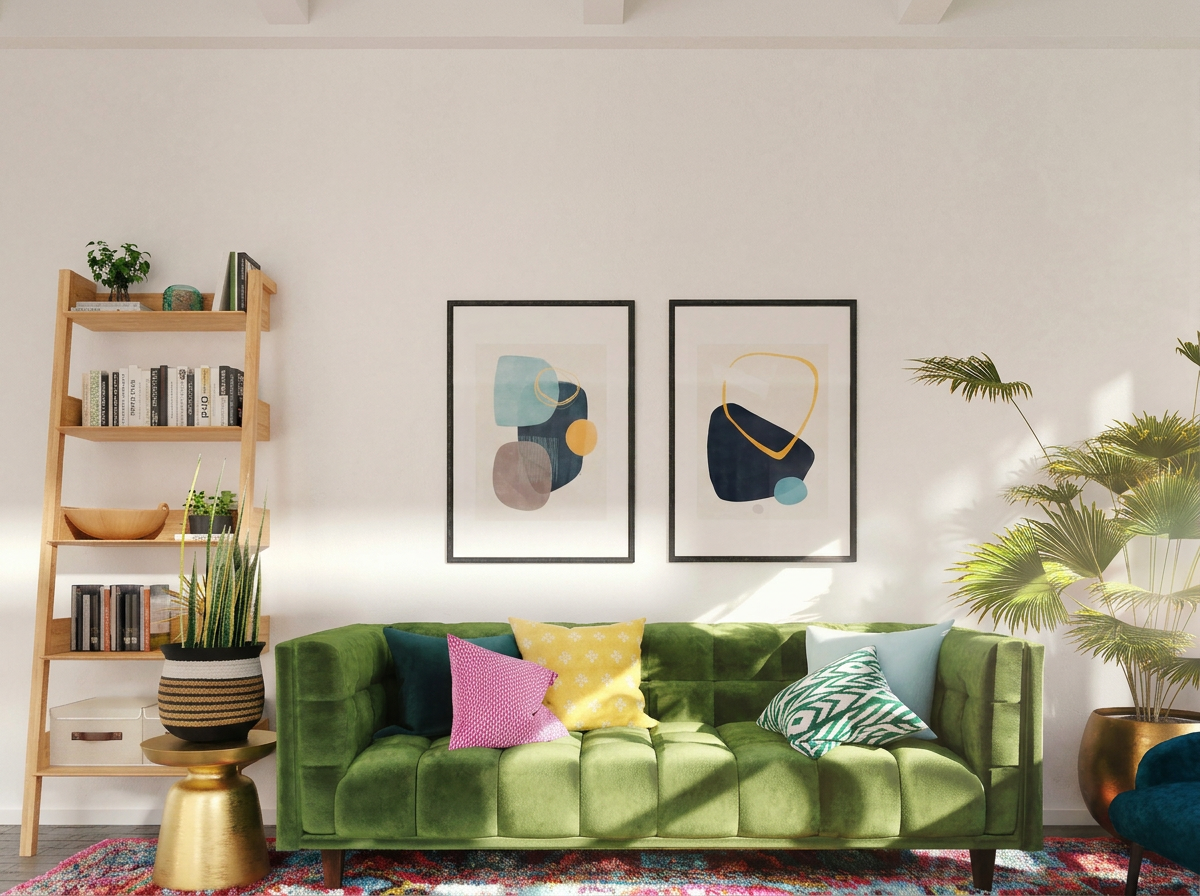Living room with a green velvet sofa, colorful pillows, abstract artwork on the wall, a tall wooden bookshelf with books and decor, and large potted plants, illuminated by natural sunlight.