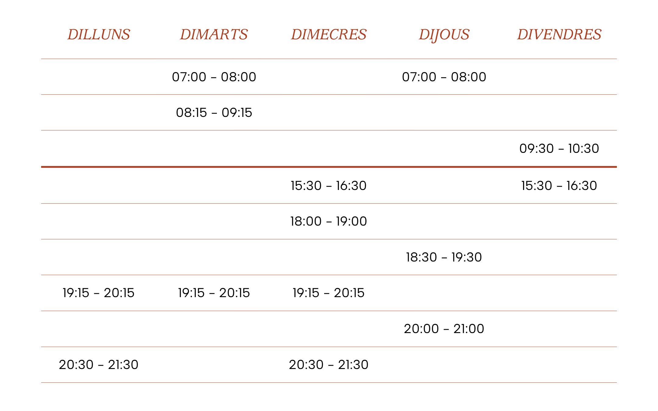 Una tabla con los días de la semana en español y actividades diarias. Incluye encabezados en color marrón y líneas divisorias en color naranja oscuro sobre fondo negro.