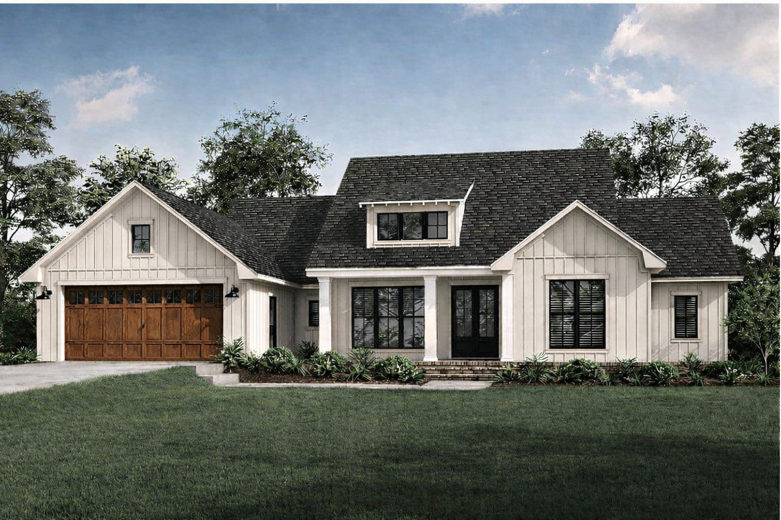 A modern two-story house with a white exterior, dark roof, and a wooden garage door, surrounded by green lawn and trees.