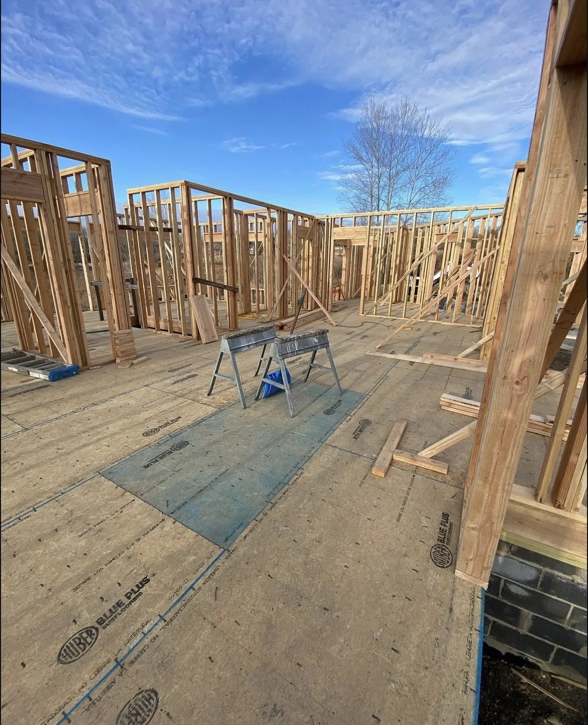Wood framing for a house under construction, with a blue sky and a leafless tree in the background.