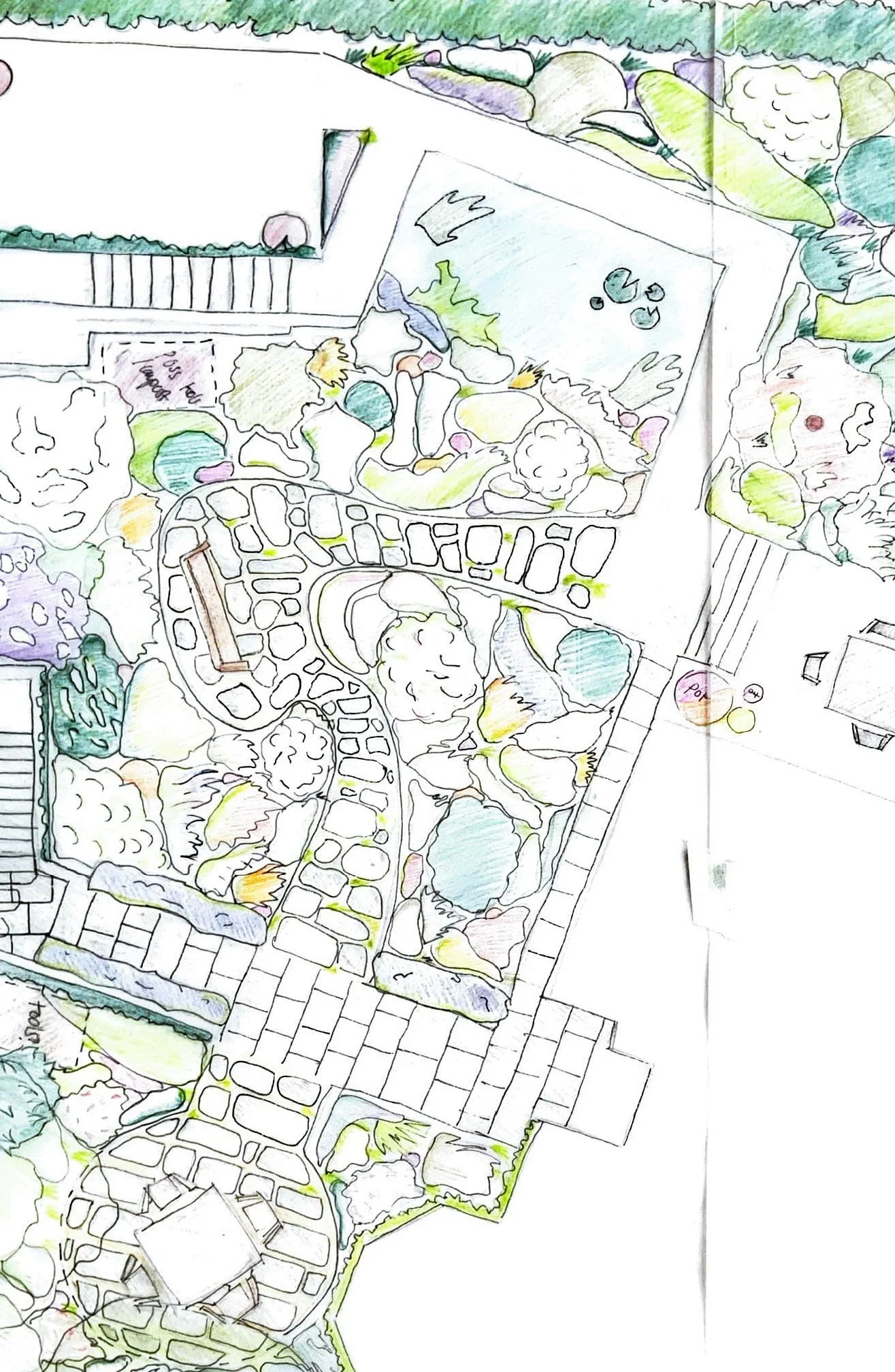 A hand-drawn garden landscape plan with various sections, pathways, water features, plants, and a pond, depicted with colorful sketches and annotations.