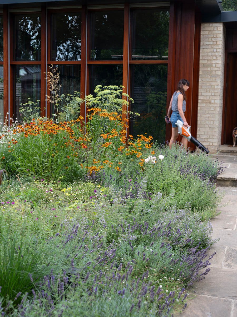 A woman using a leaf blower in a garden with various flowers in front of a modern house with large windows and wooden accents.