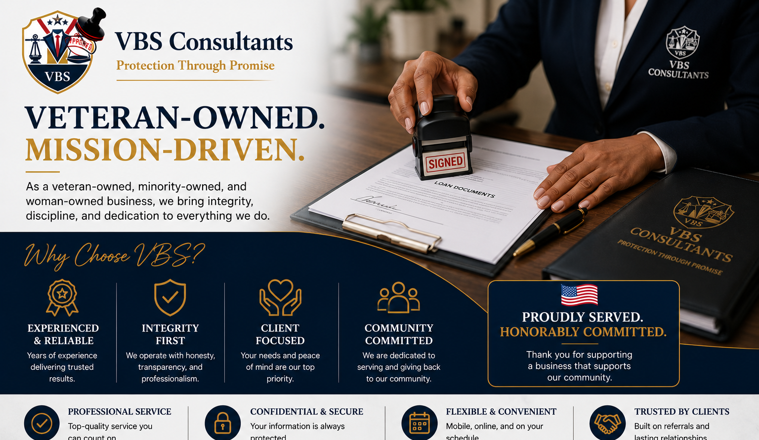 Business brochure for VBS Consultants featuring a person signing documents at a desk with a black folder, a stamp marked 'SIGNED,' and the company logo visible on a black binder. The brochure highlights the company's veteran-owned status, values, and services.