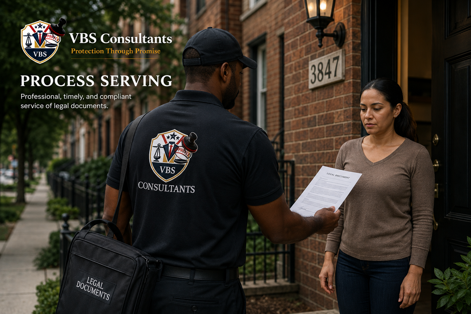 A man wearing a black VBS Consultants shirt and carrying a black bag is handing a legal document to a woman standing at her front door. The woman looks at the document with a serious expression. The house number, 3847, is visible above the door.