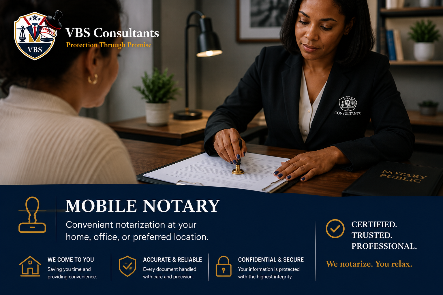 A woman in a black blazer with a 'Consultants' logo is notarizing a document for a woman in a beige sweater in an office setting. The image promotes a mobile notary service by VBS Consultants, emphasizing convenience, reliability, and confidentiality.