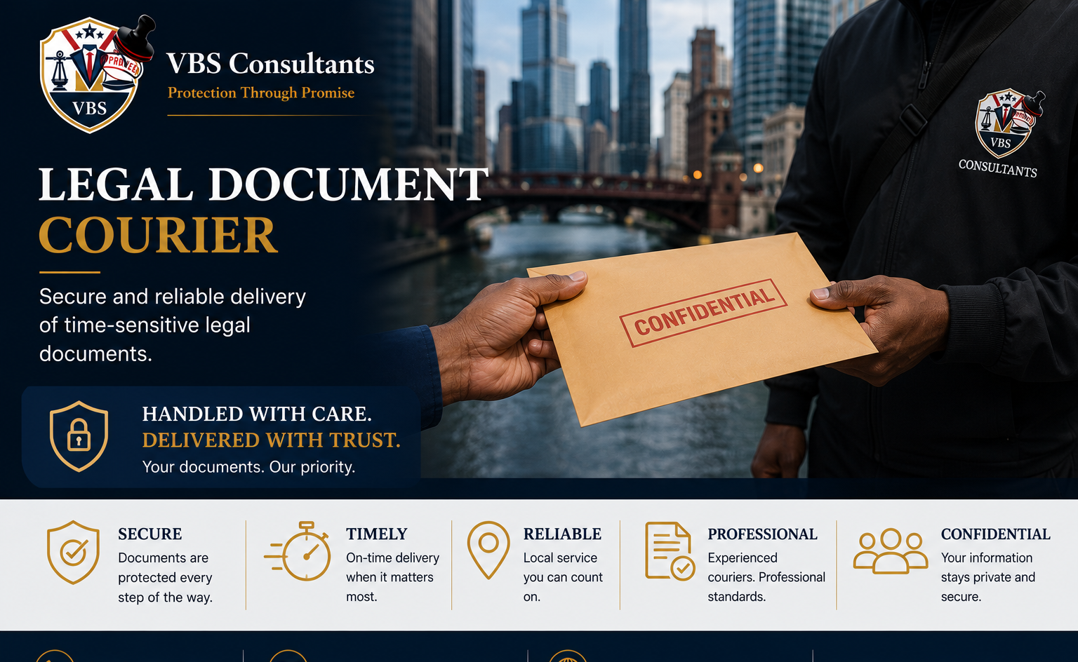 A courier handing a confidential legal document to a client against a cityscape background with tall buildings and a bridge over a river.