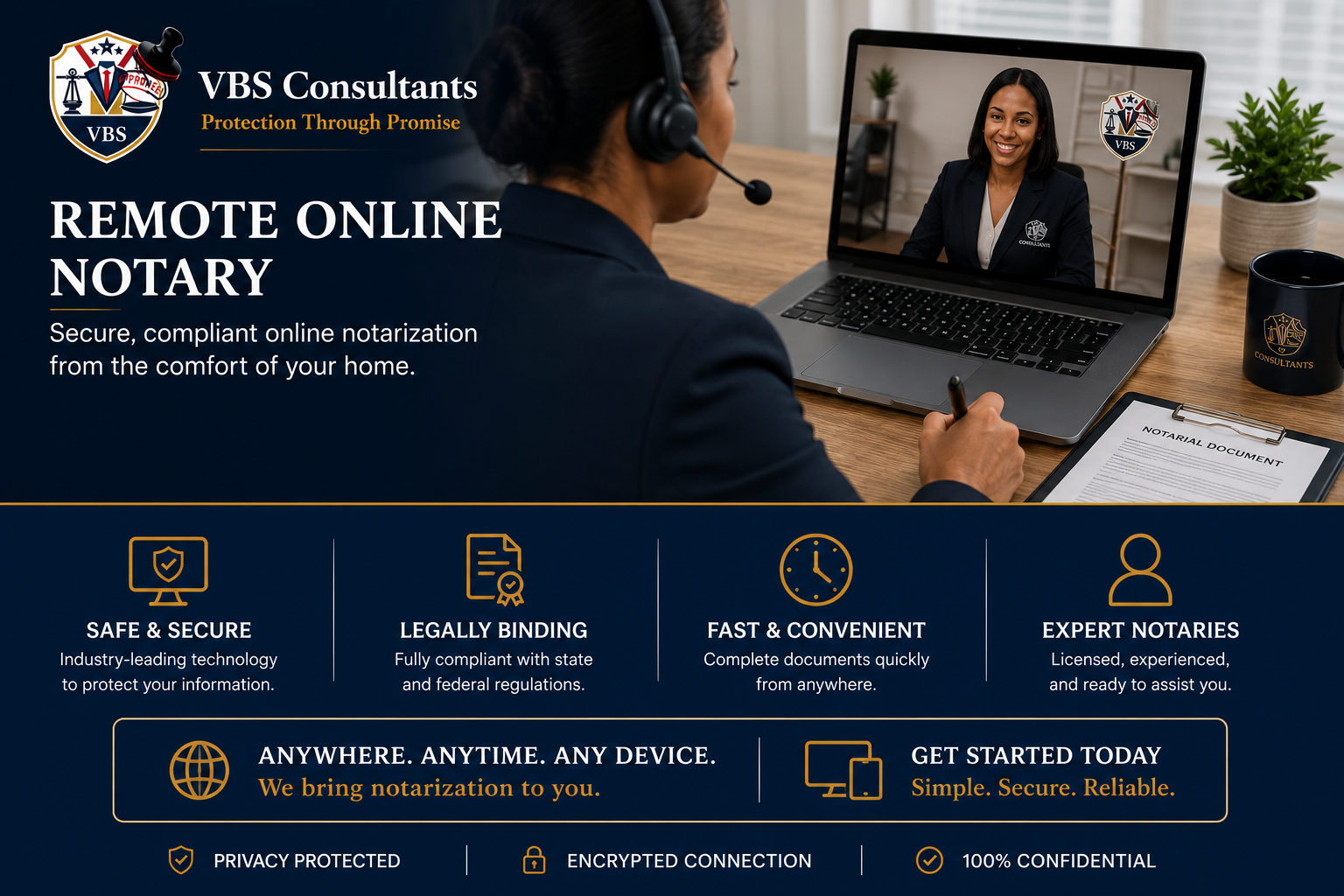 A woman in a dark suit is participating in a video call on her laptop, with a notary professional on the screen. The setting includes a notary document, a cup with a logo, a potted plant, and a bright, modern office background. The overlay text promotes VBS Consultants' remote online notary services, emphasizing security, legal compliance, convenience, and expertise.