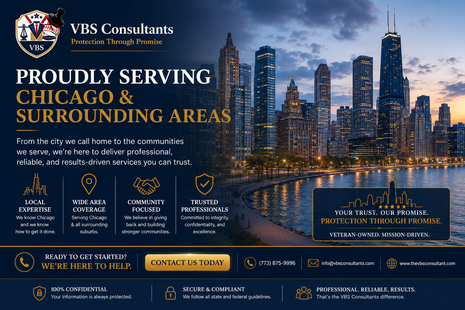 VBS Consultants logo with a shield, scales, gavel, and a hat. City skyline with tall buildings and river at sunset. Text highlighting services in Chicago and surrounding areas, emphasizing expertise, community focus, trusted professionals, and confidentiality.