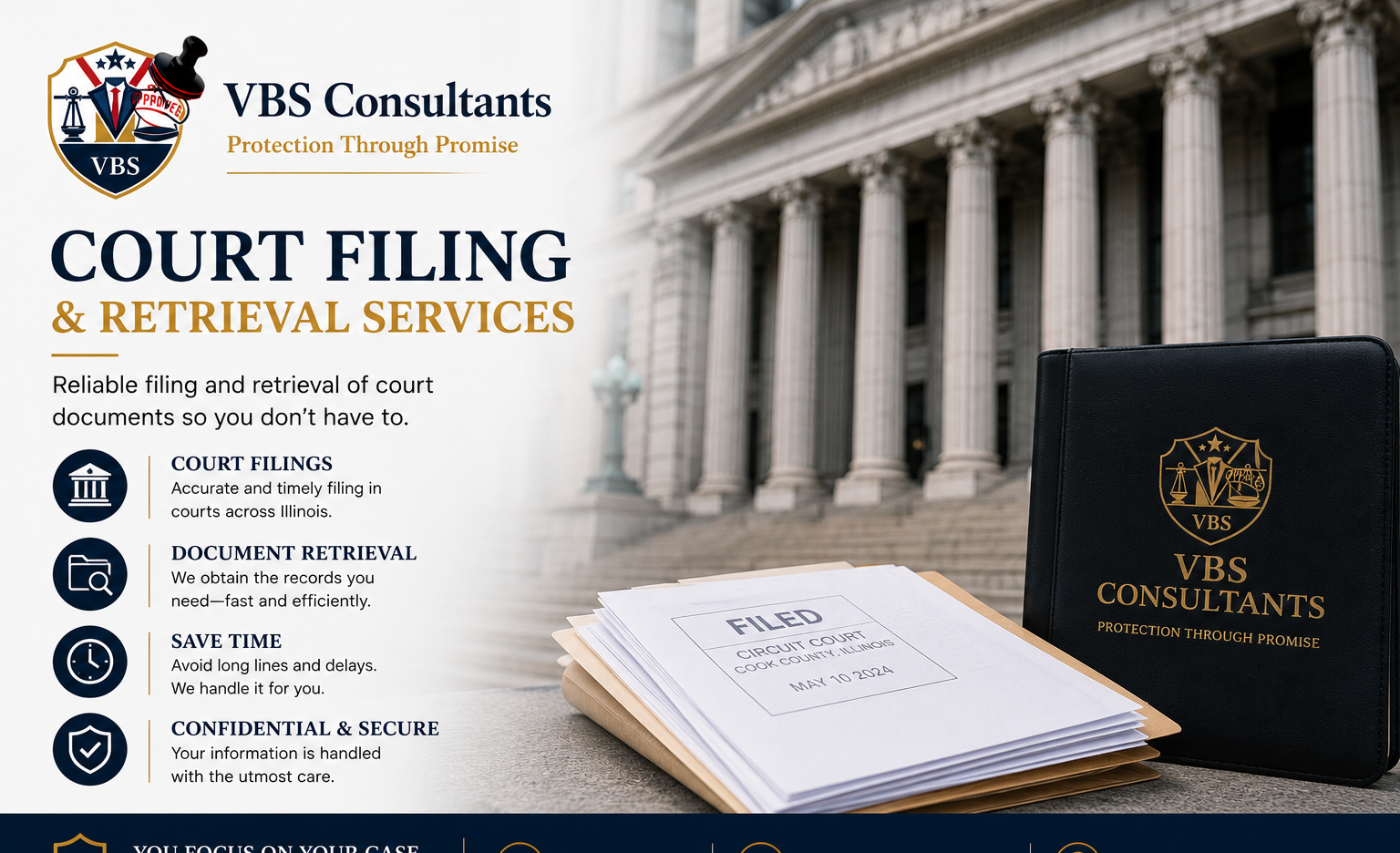 Flyer for VBS Consultants offering court filing and retrieval services, featuring a stack of papers labeled 'Filed' and a black folder with the VBS Consultants logo, in front of a courthouse with tall columns.