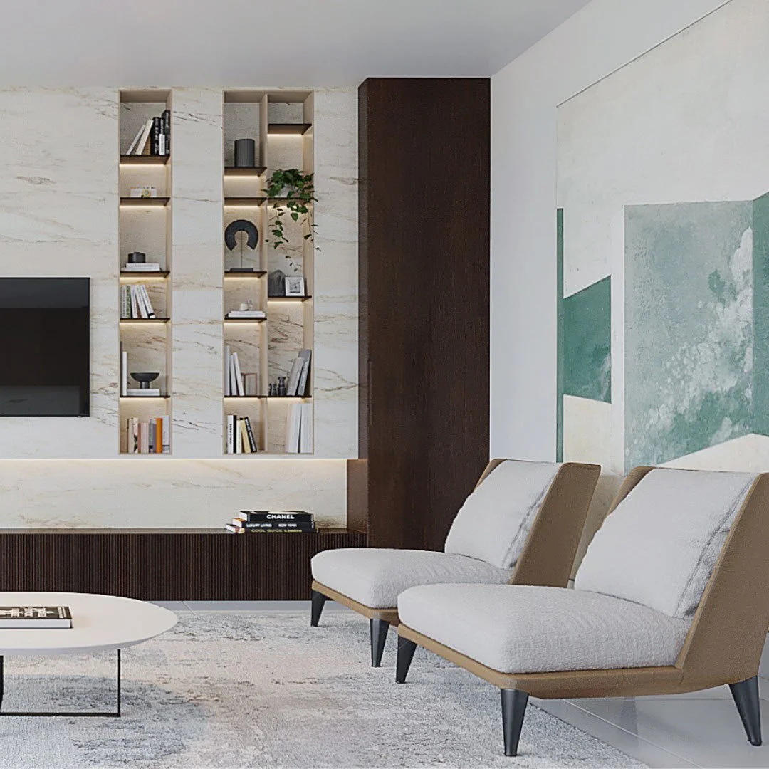 A combination of contrasting tones - dark walnut wood and natural light stone - finalised with indirect light gives the room a cosy and elegant look. What do you think? Leave us your comments below ⬇️ 
. 
.
by @dibarondesign