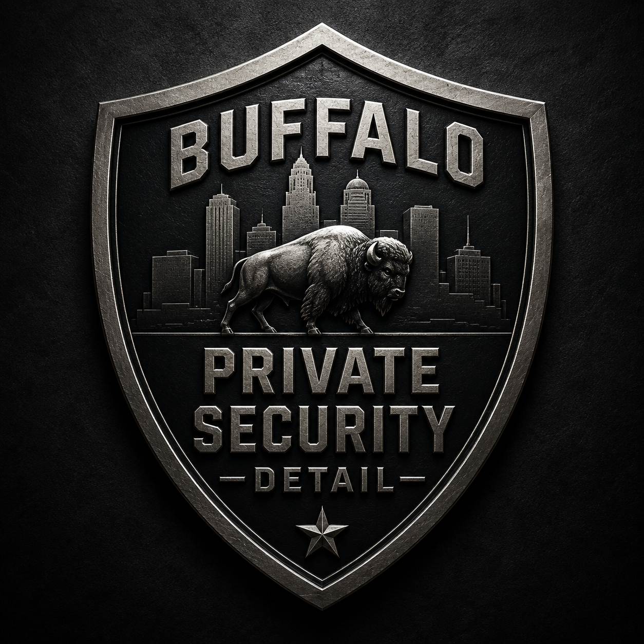 A metallic badge with a city skyline in the background, a buffalo in the center, and text that reads 'BUFFALO PRIVATE SECURITY DETAIL' with a star at the bottom.