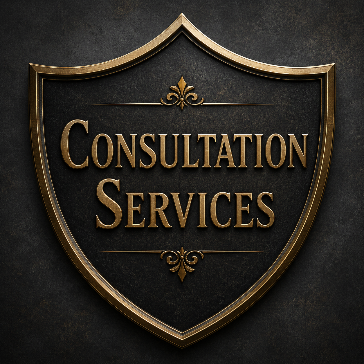 A gold emblem with a shield shape containing the text 'Consultation Services' in gold letters on a black textured background.