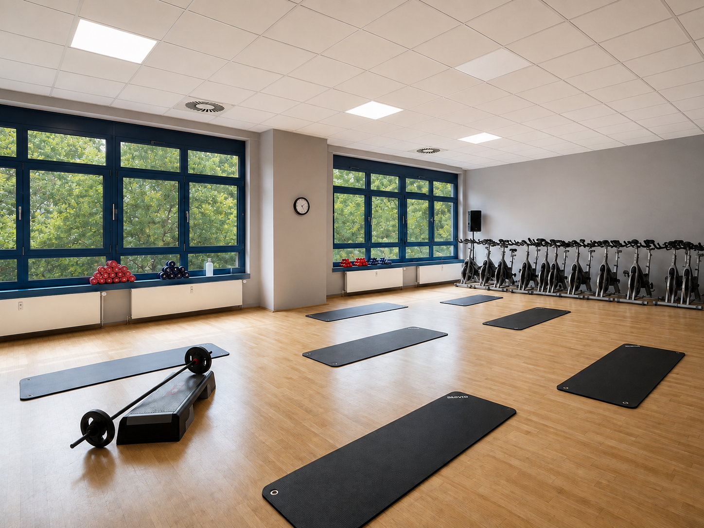 Leerer Fitnessraum mit Yoga-Matten, Hanteln, Fahrrad- und Laufgeräten, große Fenster mit Blick auf grüne Bäume.