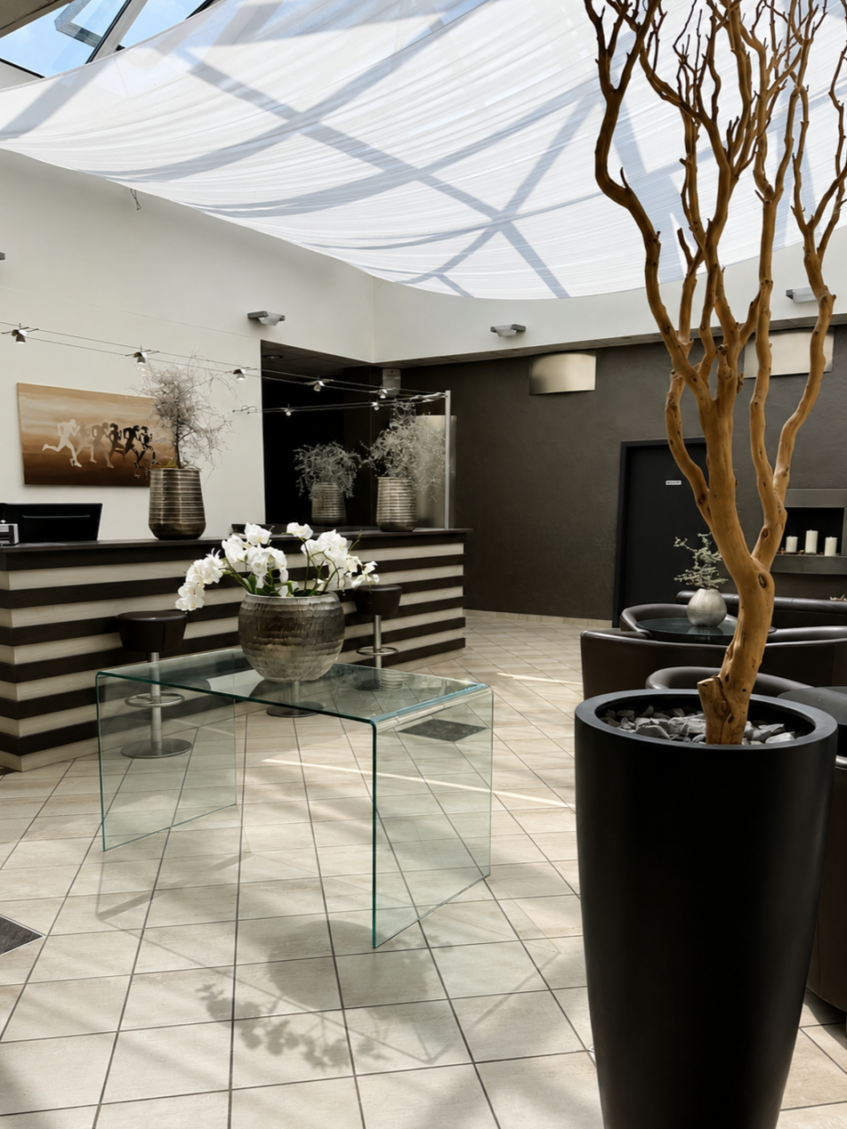 Innenraum eines modern gestalteten Empfangsbereichs mit Glas-Tisch, modernen Sitzgelegenheiten, großen Vasen mit Dekorationspflanzen, Trockengeknüpftem Baum und Lichtschnüren unter klarem, lichtdurchflutetem Dach.