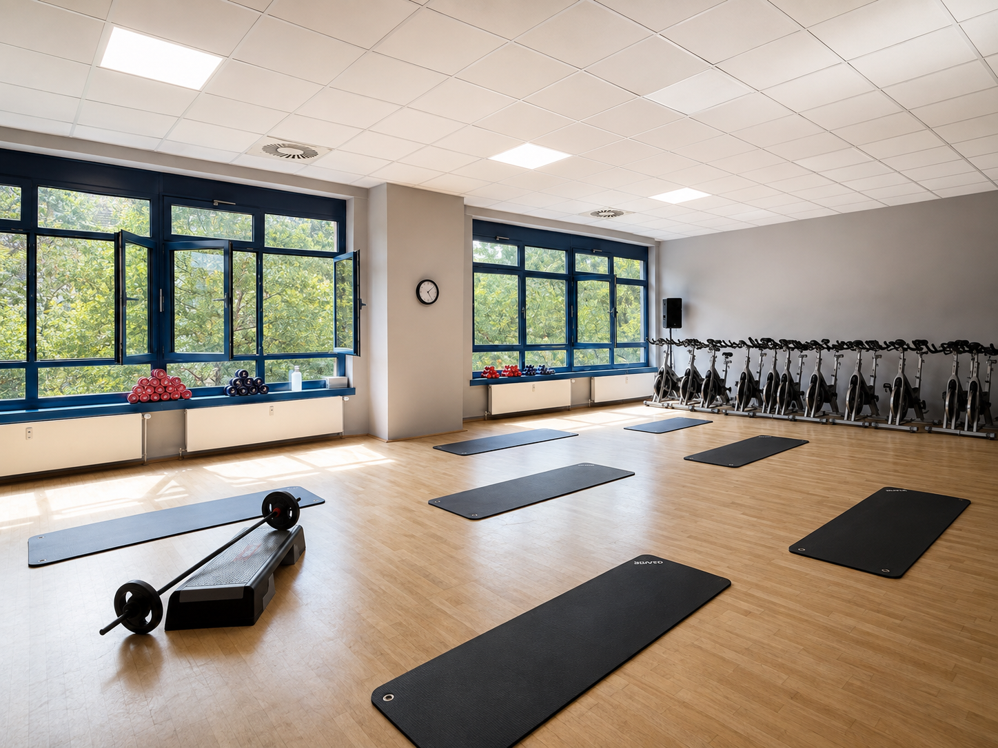 Leerer Fitnessraum mit Yoga-Matten, Hanteln, Cycling-Stationen und einem Rowing-Gerät bei Tageslicht.