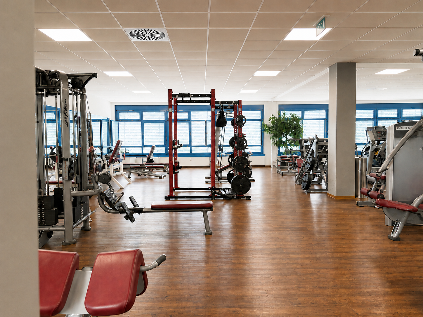 Leerer Fitnessraum mit verschiedenen Trainingsgeräten, Hanteln, und Fitnessbänken, große Fenster mit Blauen Jalousien, Holzboden.