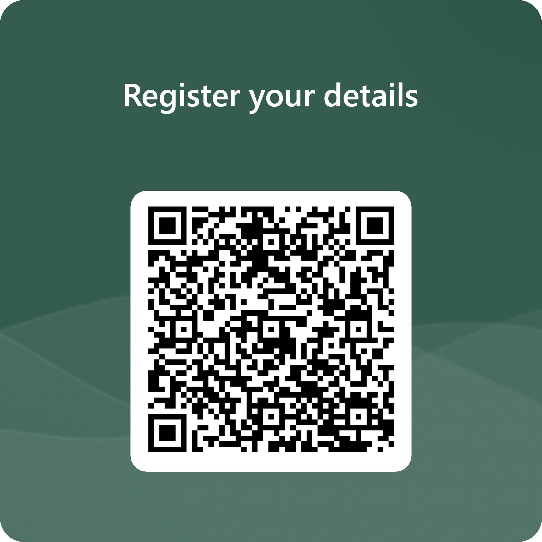Green background with the text 'Register your details' and a QR code below.
