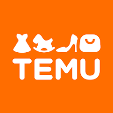 Logo with four white icons of a dress, shoe, bag, and shoe on an orange background, with the text 'TEMU' below.