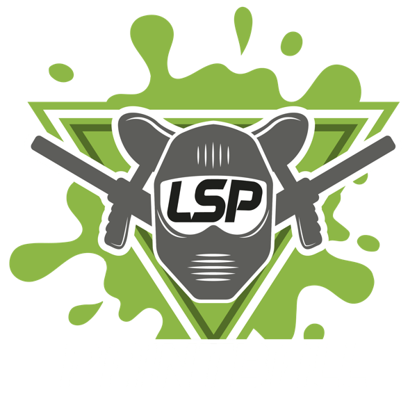 Logo featuring a paintball mask with the letters "LSP" on the front, crossed paintball guns behind it, a green triangle and splash background, with the word "PAINTBALL" at the bottom.