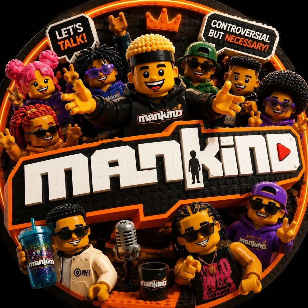 MANKIND & KINDREDS illustrated podcast artwork with characters surrounding the MANKIND logo