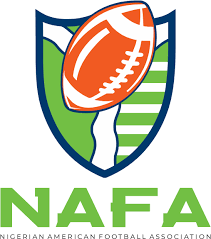 Logo of the Nigerian American Football Association featuring a football and a shield with green and blue elements.