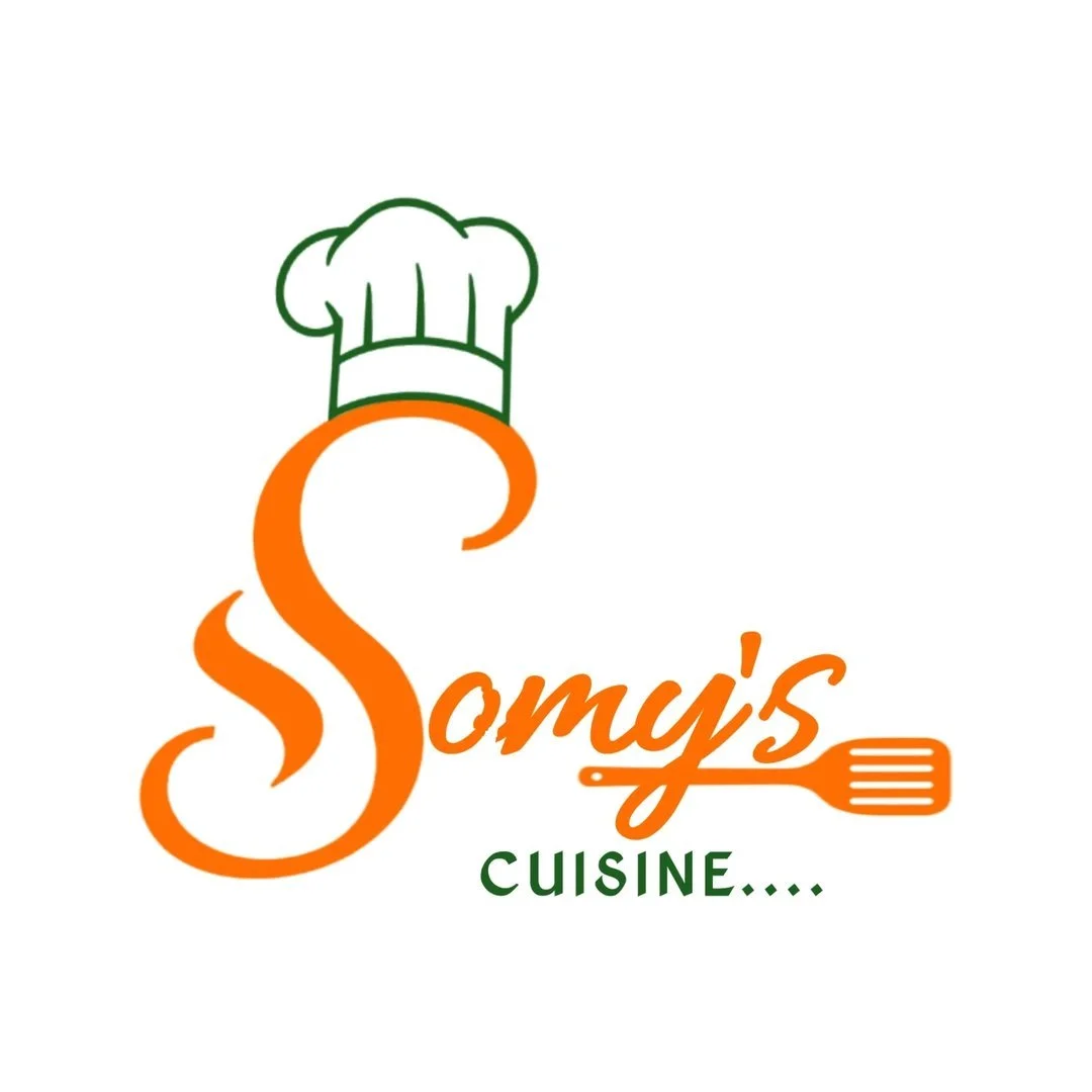 Logo with green chef's hat on top, stylized orange 'S' resembling steam, text 'Somi's' in orange, and text 'CUISINE...' in green with a fork integrated into the lettering.