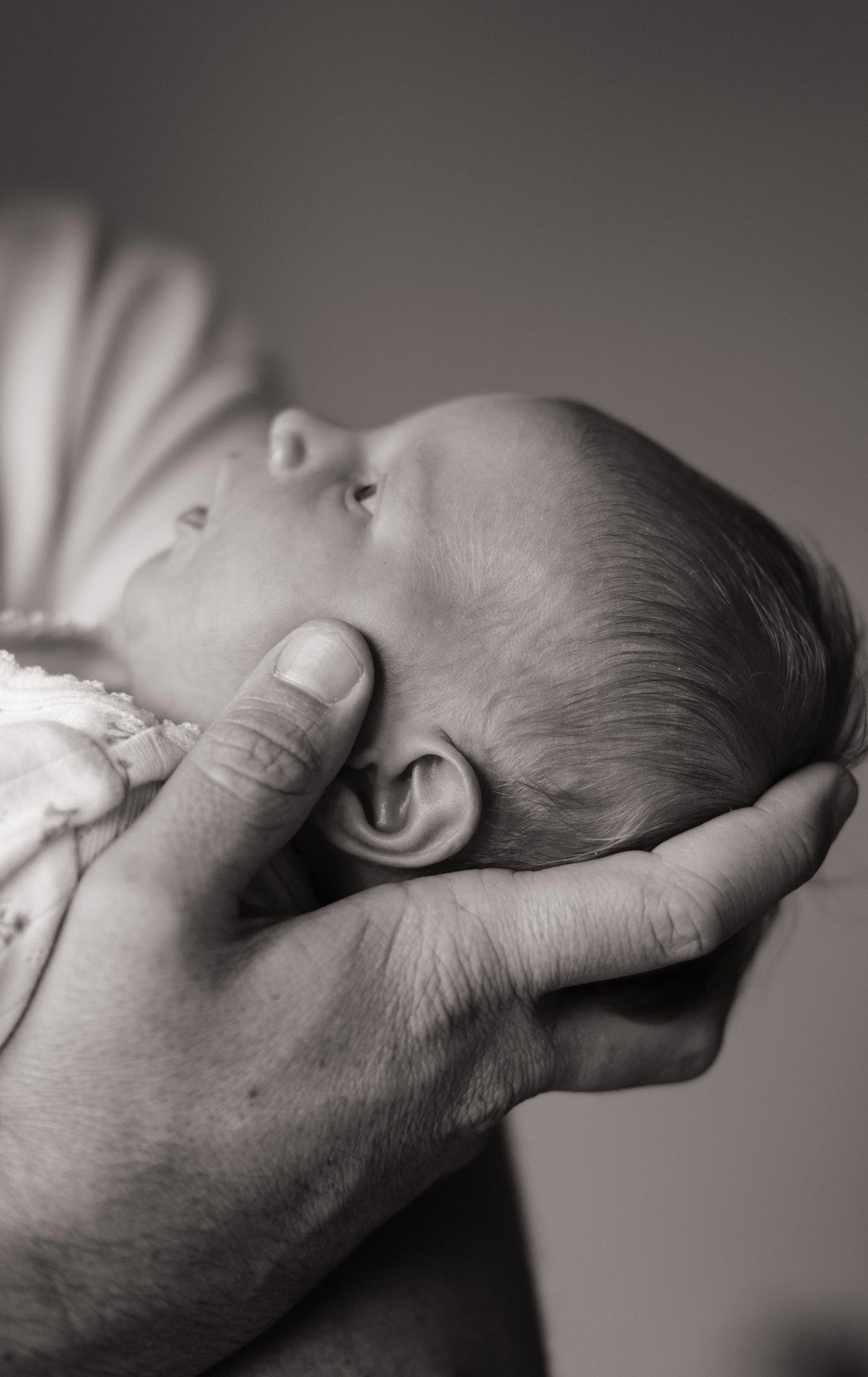 A close-up black and white photo of a baby being gently cradled in an adult's hands, with the baby's face resting on the person's palm.