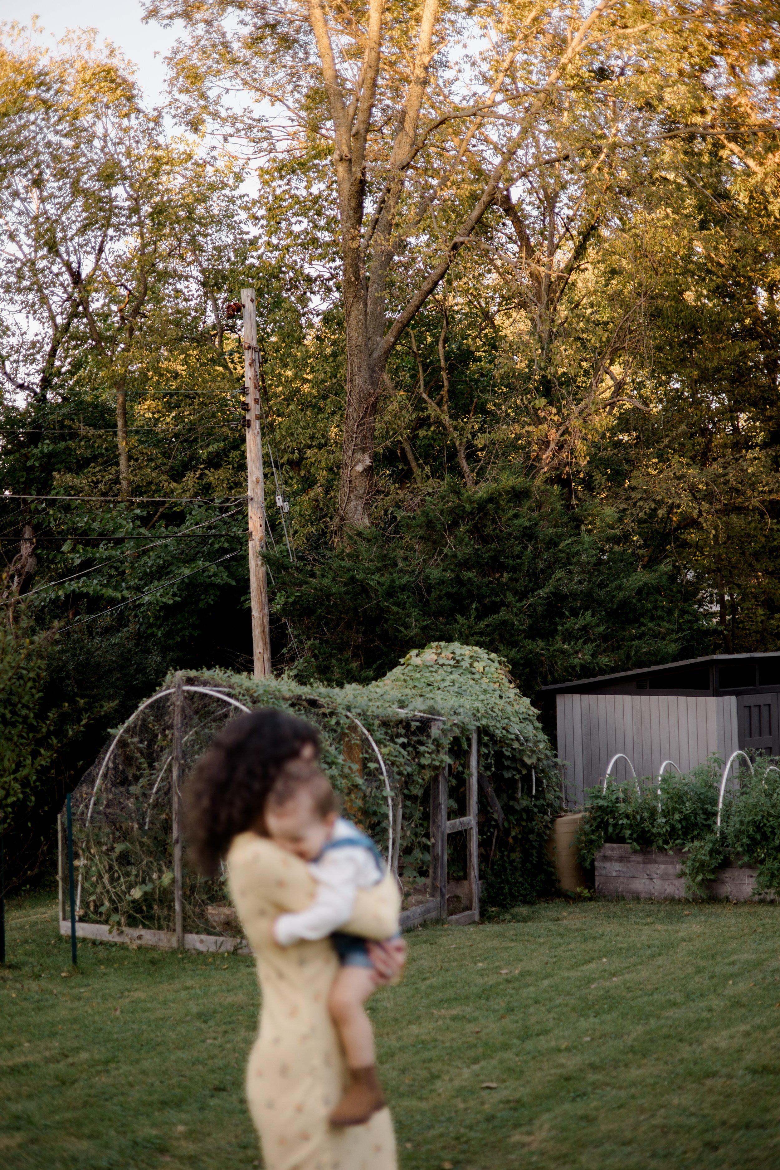 A person wearing pajamas holds a child in a backyard with a grassy lawn, garden beds, a small garden greenhouse, and a grey garden shed. In the background, there is a tall tree and a utility pole numbered 177.