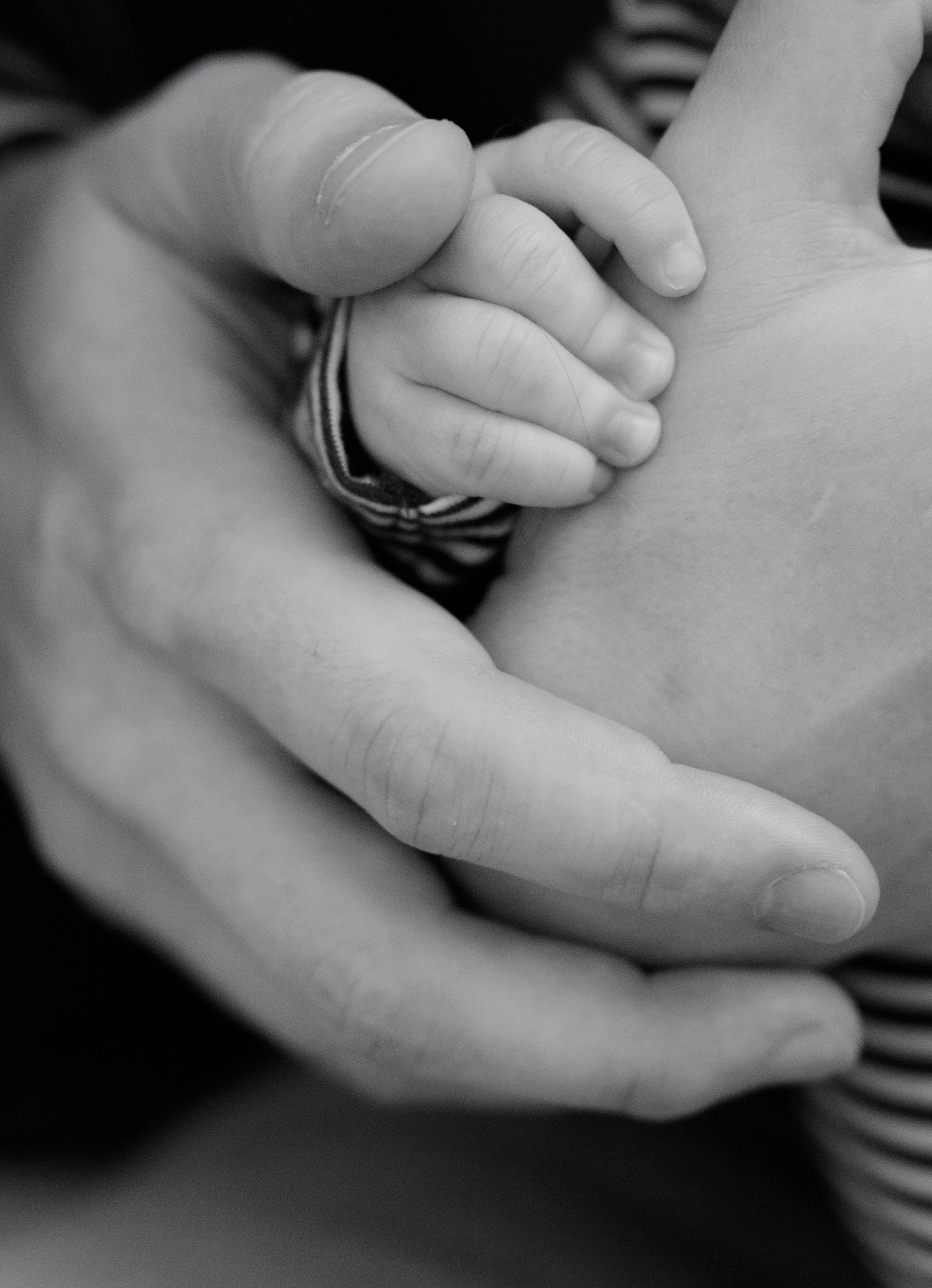 Close-up of an adult's hand holding a small child's hand, with both hands in black and white.