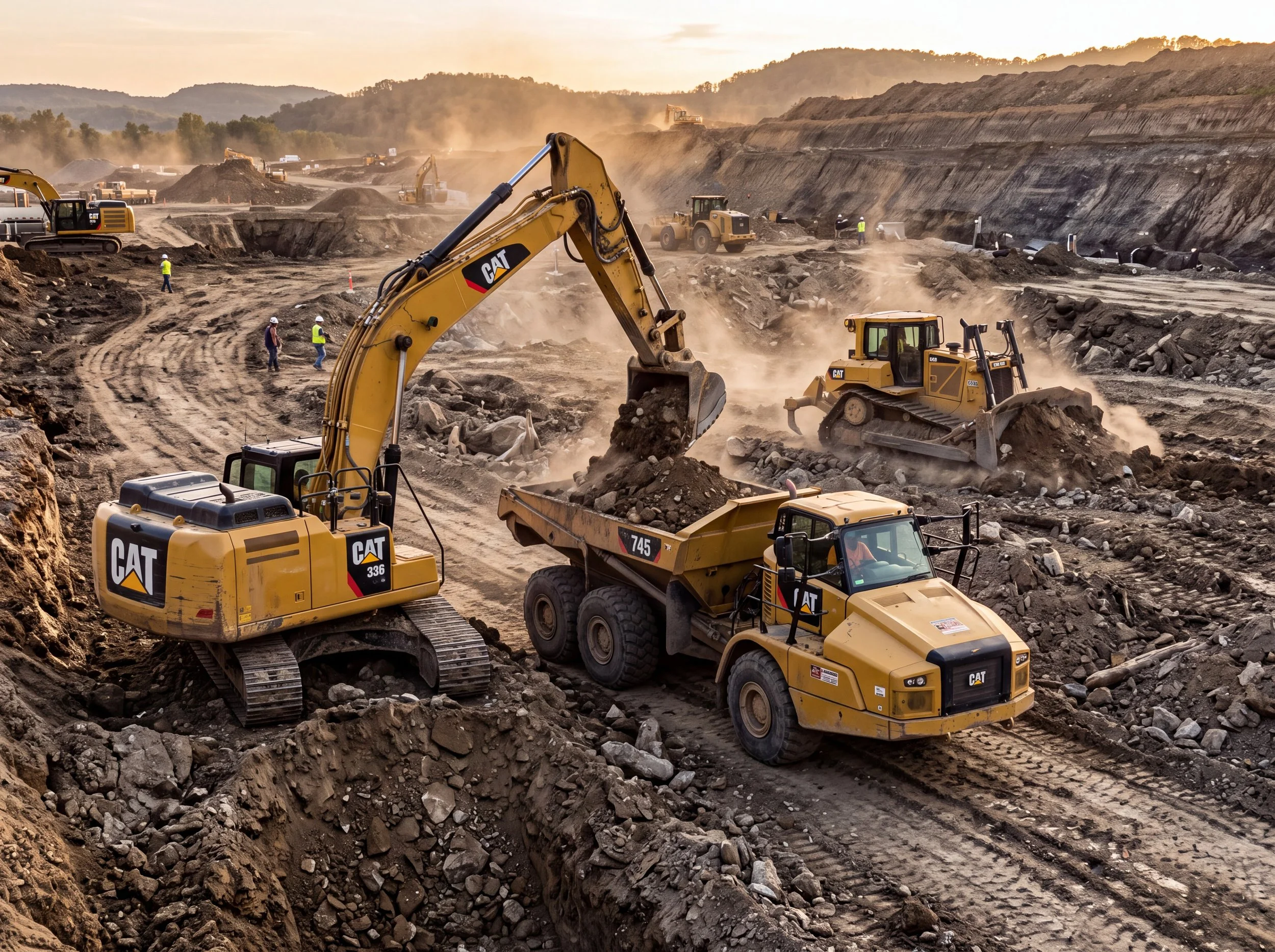 Construction site with multiple yellow Caterpillar heavy machinery working on earthmoving, dirt, and rocks during sunset.