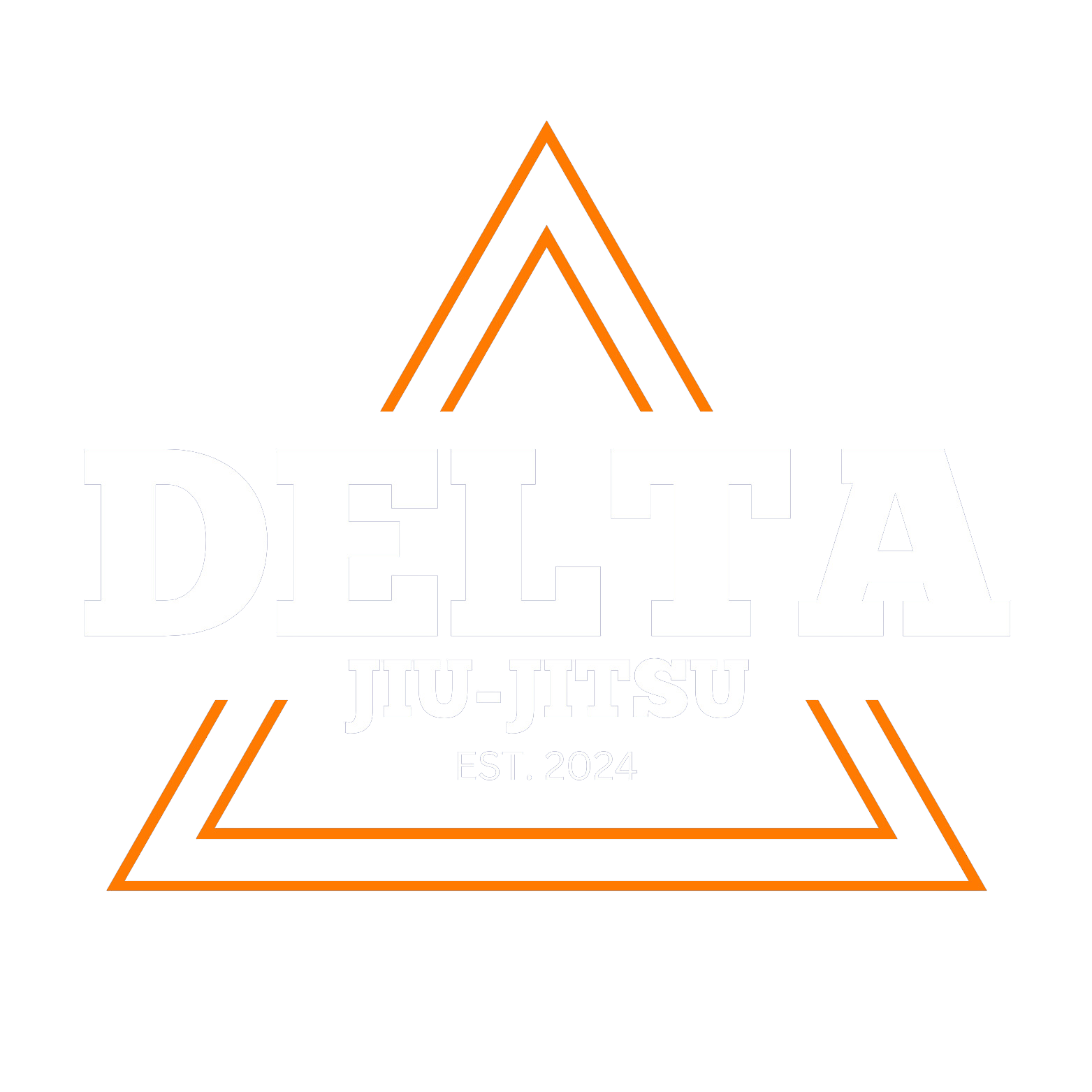 Logo met een oranje driehoek en teksten 'DELTA JIU-JITSU' en 'EST. 2024' op een zwarte achtergrond.