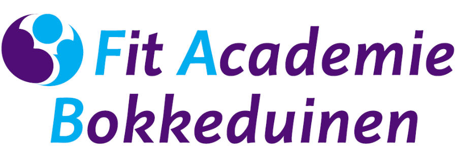Logo met tekst 'Fit Academie Bokkeduinen' in blauwe en paarse letters met een grafisch symbool aan de linkerkant.