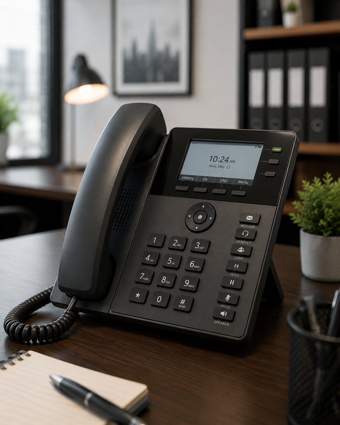 Office desk with a black landline phone, notepad, pen, potted plant, and black pen holder. Background includes window, wall art, lamp, and shelves.