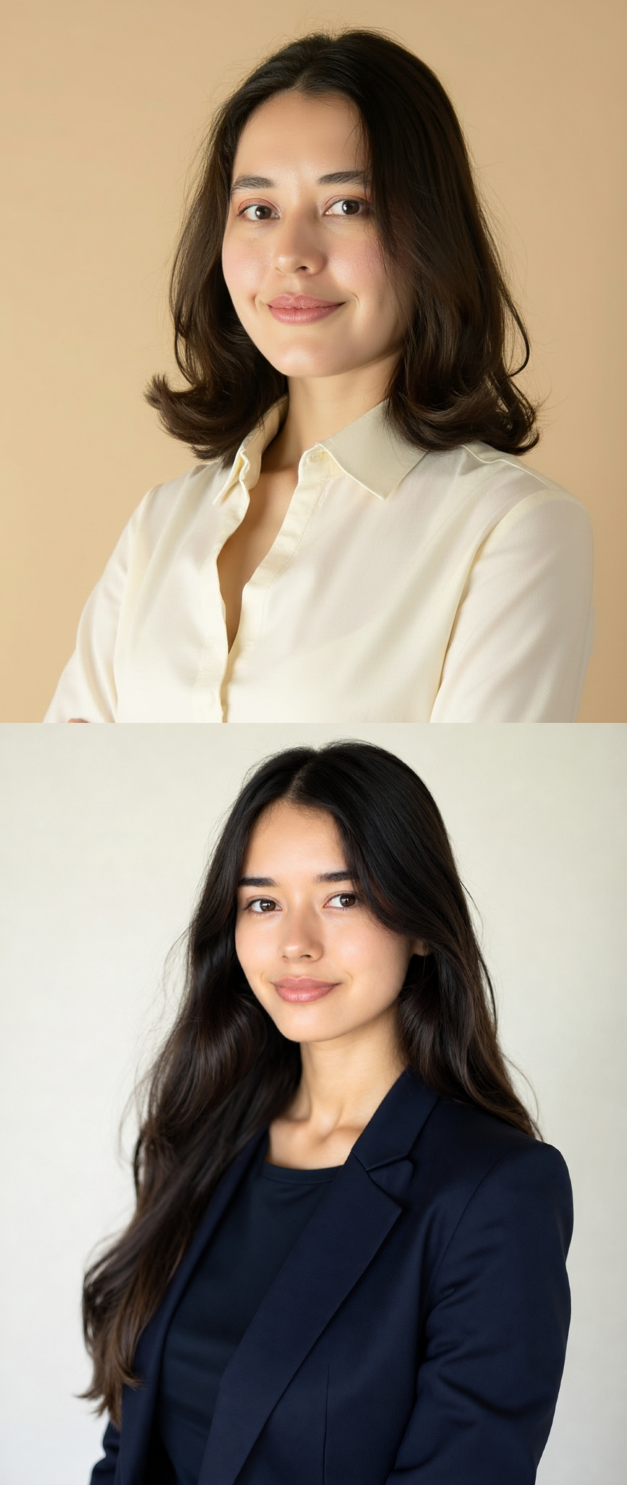 Two professional women with long dark hair, smiling softly. The woman in the top image wears a light cream blouse, and the woman in the bottom image wears a dark blazer with a matching top.