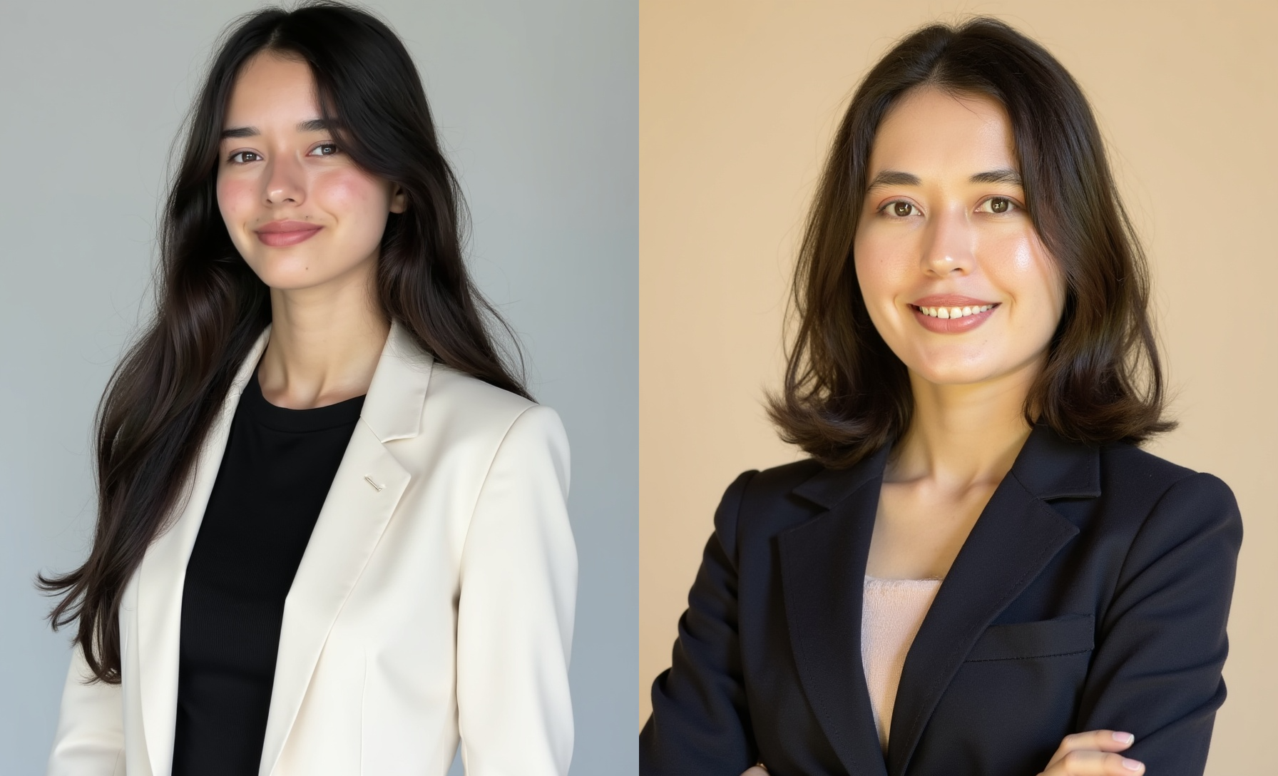 Two professional women, one with long dark hair in a white blazer and black top, the other with shoulder-length dark hair in a black blazer and beige top, standing against plain backgrounds.