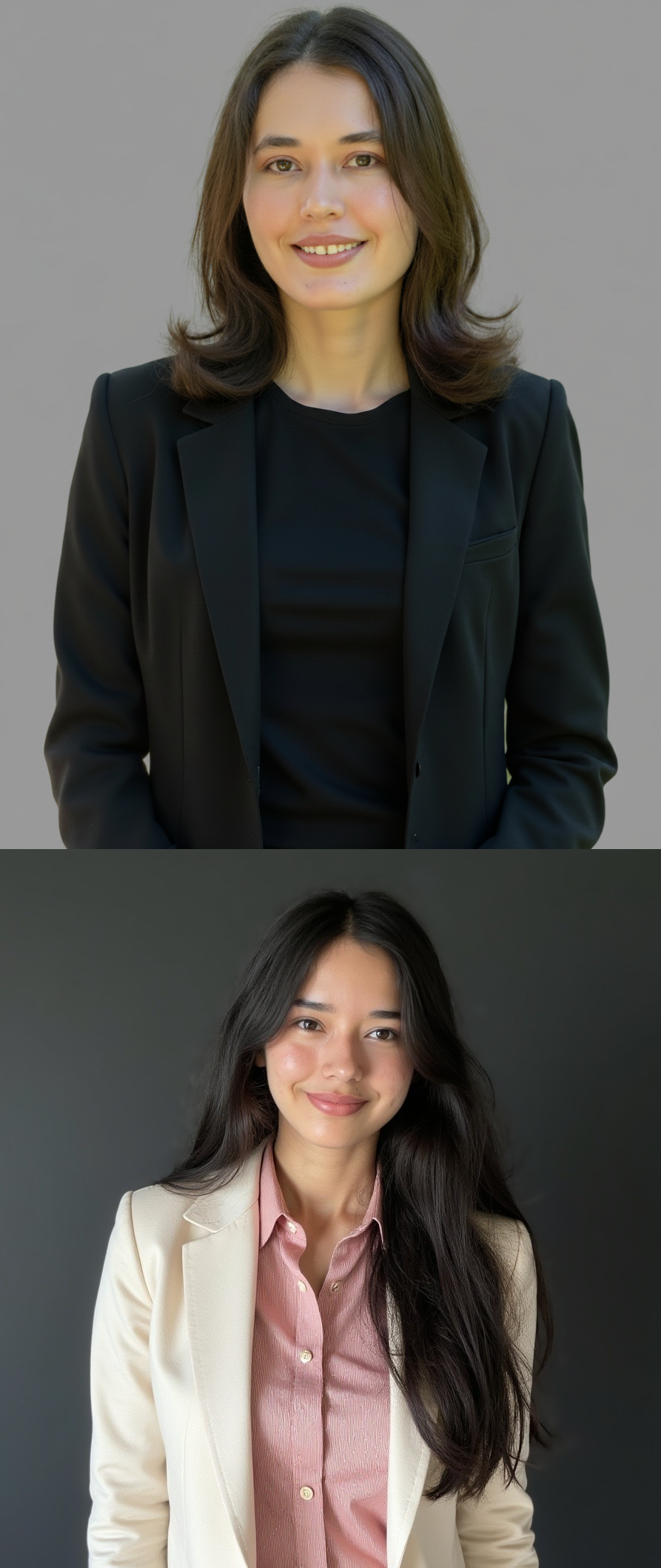 Two women, one with shoulder-length dark brown hair wearing a black blazer and top, and the other with long black hair wearing a cream blazer and pink shirt, posing in front of plain gray backgrounds.