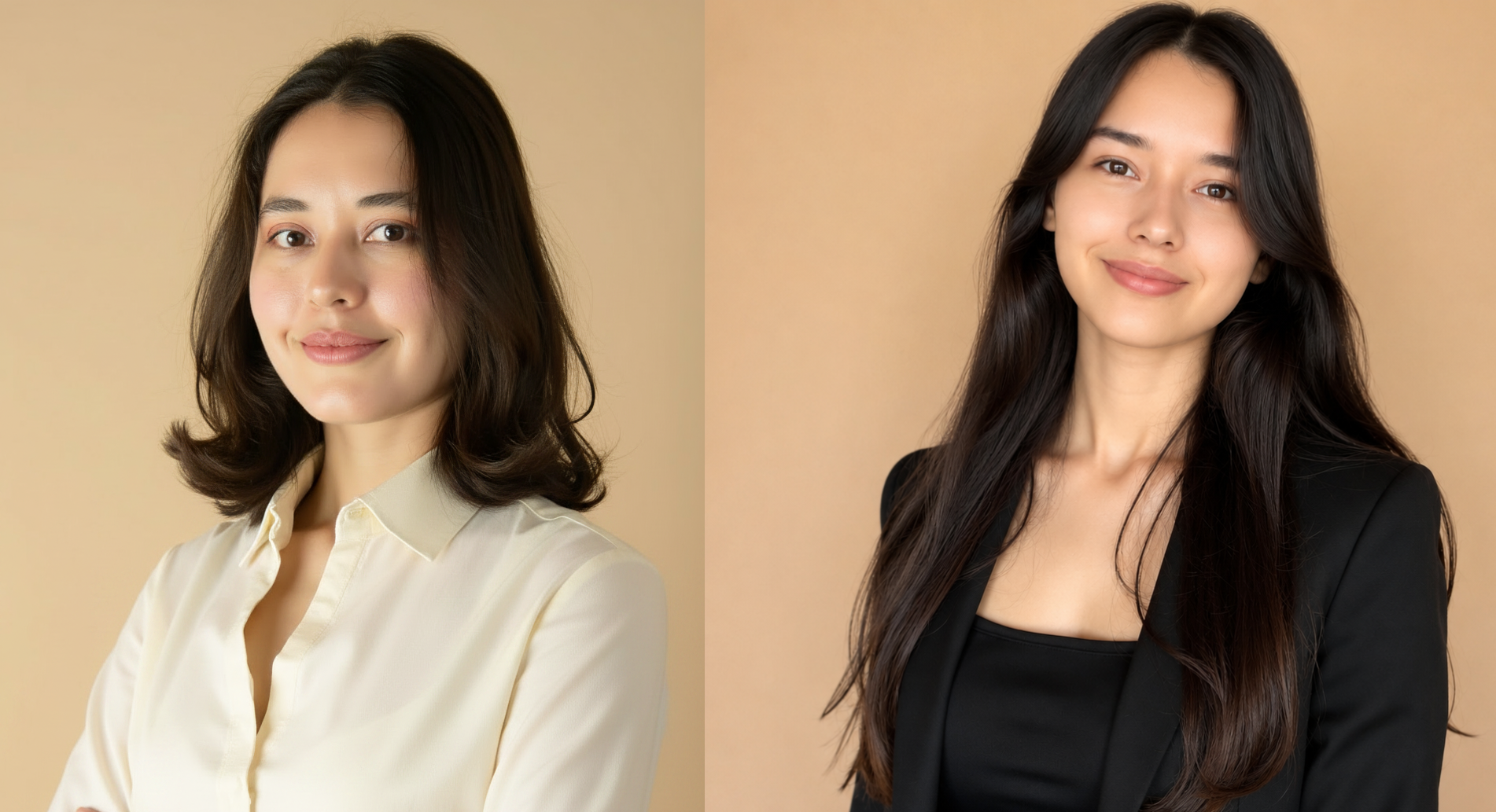 Two women with long dark hair and light skin standing side by side against a beige background, dressed in professional attire. The woman on the left is wearing a cream-colored blouse, and the woman on the right is wearing a black blazer over a black top.