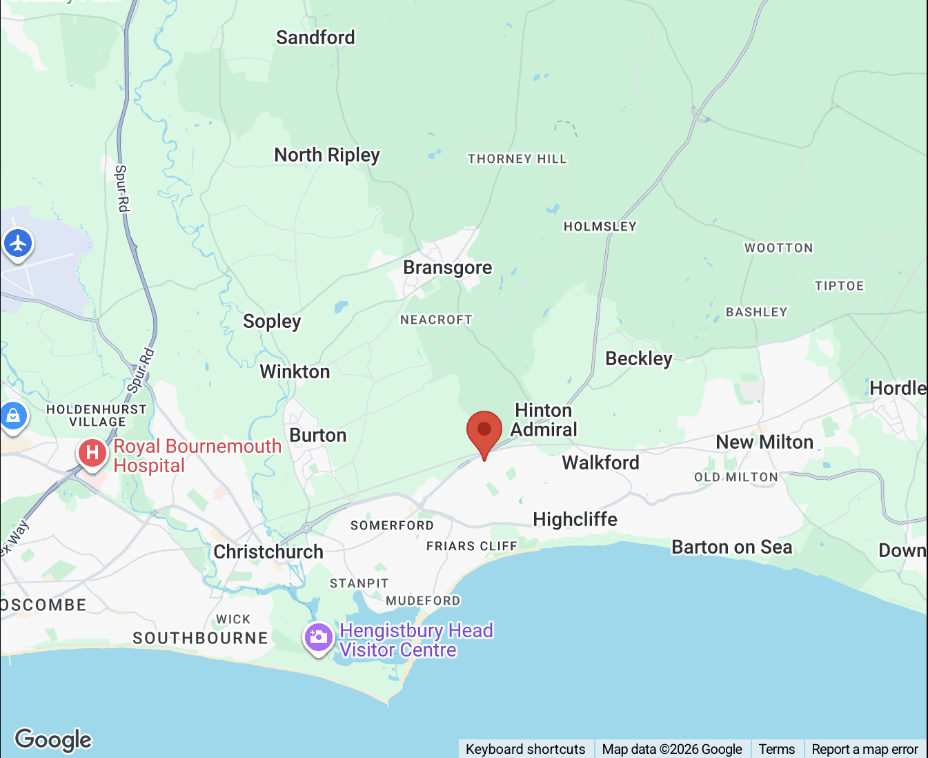 Map of the Christchurch area in Dorset showing local place names and landmarks, including Royal Bournemouth Hospital and Hengistbury Head Visitor Centre.